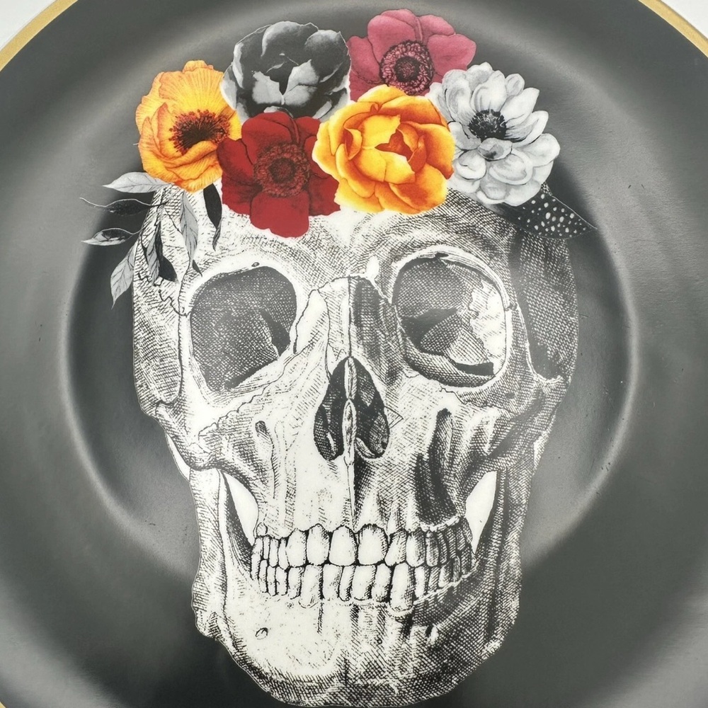 Skull Floral Black Porcelain Dinner Plate – 10.5” by Harvest Green Studio
